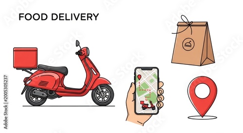 Illustration of red scooter for food delivery tracking on phone with location pin and paper bag.