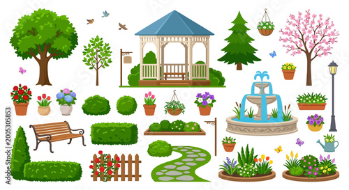 Φωτογραφία garden elements collection colorful vector illustration on white background