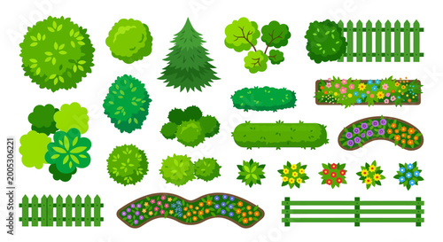 Tableau sur toile Top view garden elements set vector illustration on white background