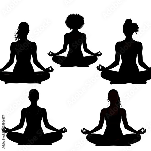 Five meditating silhouettes in lotus position