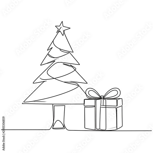 Minimalist line drawing of a Christmas tree and gift box