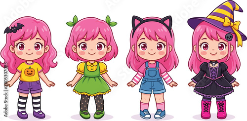 Tableau sur toile Cute Girl Character Set with Pink Hair, Halloween and Cat Costumes, and Playful