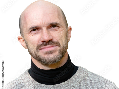 Portrait of a Mature Bald Man with a Beard and Grey Sweater Isolated on White Background