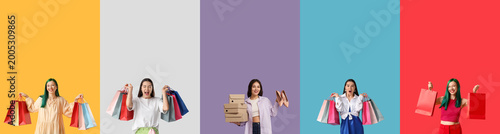 Set of many women with shop...