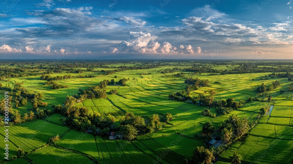 Obraz premium Lush green rice fields landscape at sunset with dramatic clouds