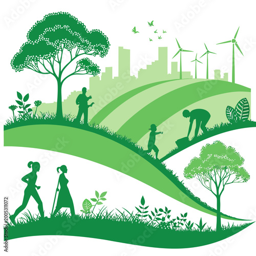green landscape with city skyline wind turbines and people silhouettes