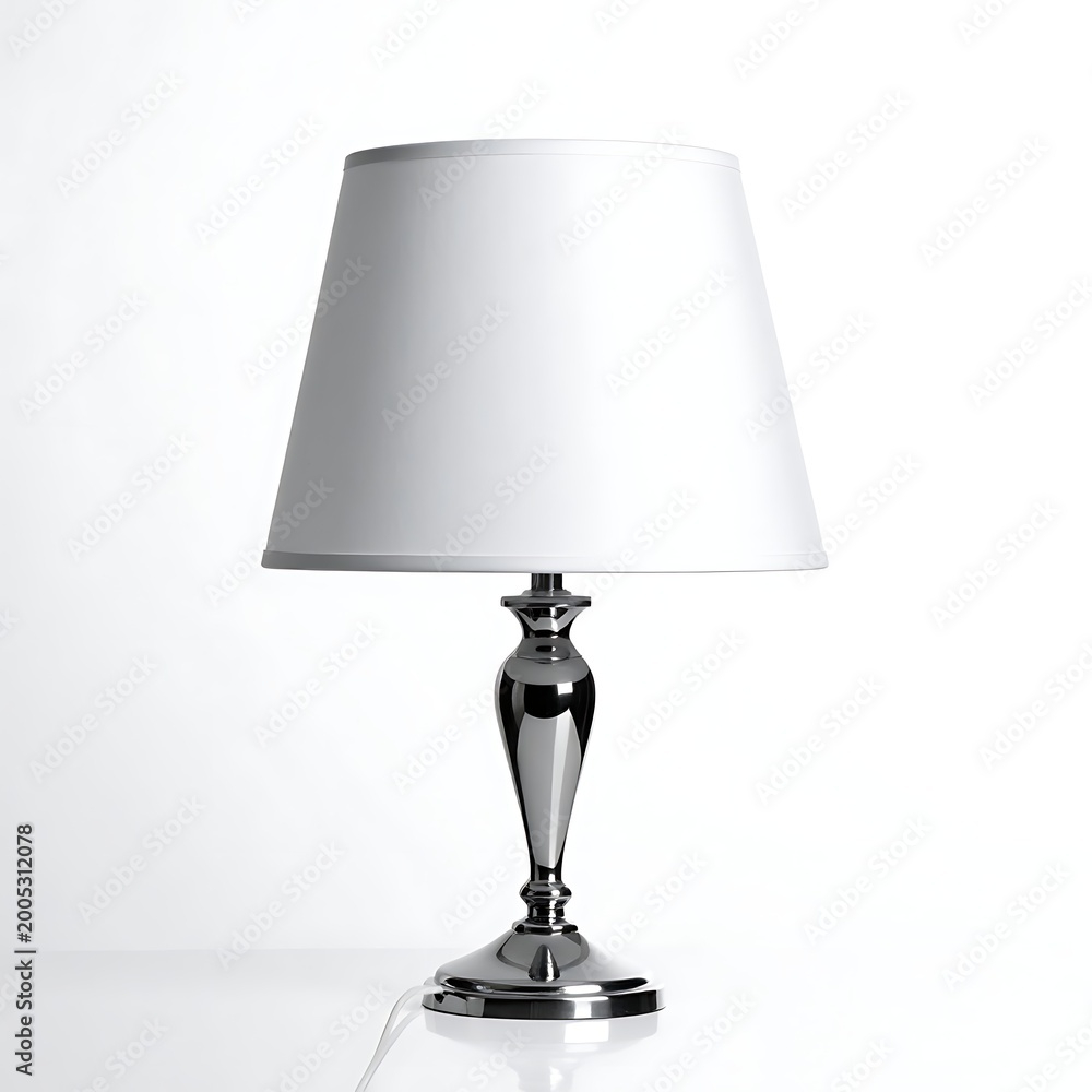 Fototapeta premium A silver lamp with a white shade on a white surface