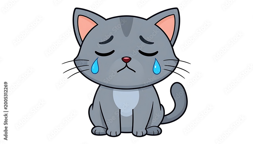 Obraz premium A gray cartoon cat with tears