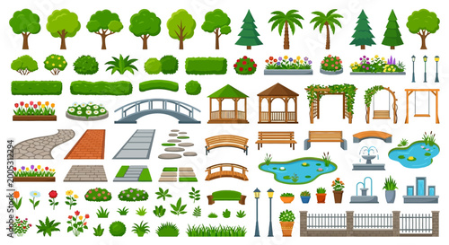 Vászonkép park elements vector illustration with trees bushes and garden features
