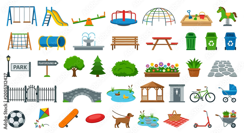Fototapeta premium park icons set colorful flat vector illustrations on white background