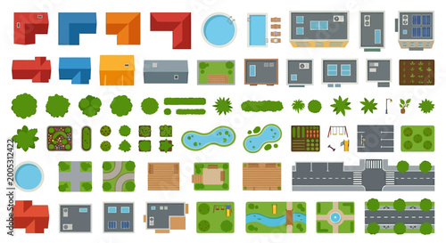 Obraz na plátně top view building and landscape elements vector illustration on white background