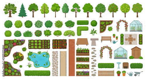 garden elements set top view vector illustration on white background