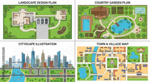aerial view landscape design plan illustration with trees and buildings