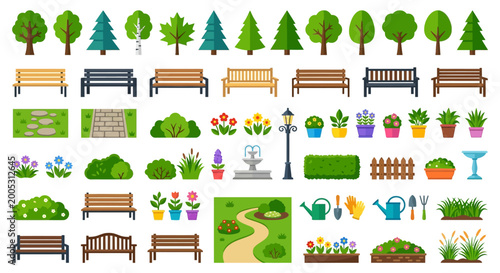Fotografija park elements vector illustration with trees benches and flowers