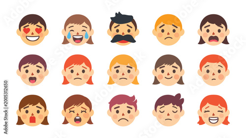 Принти на полотні Faces of Emotion: A diverse set of animated faces, each expressing a unique feeling, from joy and sadness to anger and love