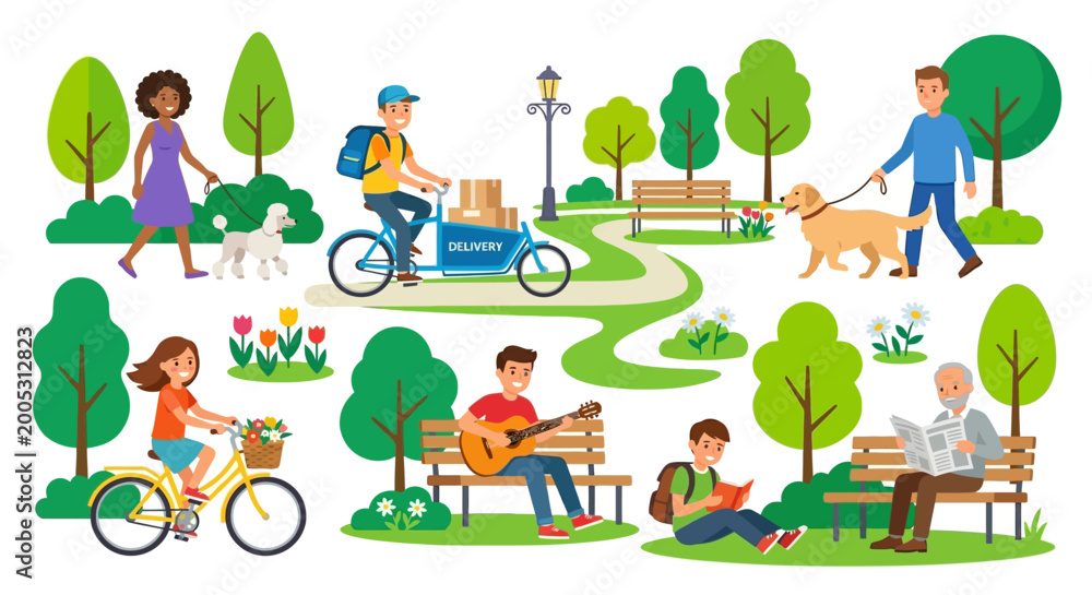 Fototapeta premium park scene with people and activities vector illustration