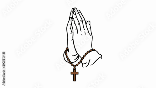 Photos Praying hands holding rosary beads with cross on white background