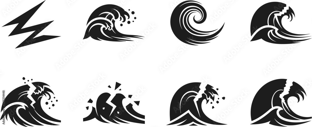 Fototapeta premium Collection of storm wave vector eps illustrations with breaking ocean water surge designs.