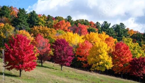 Vibrant Autumn Forest Canopy with Red, Yellow, and Orange Leaves on a Sunny Day.