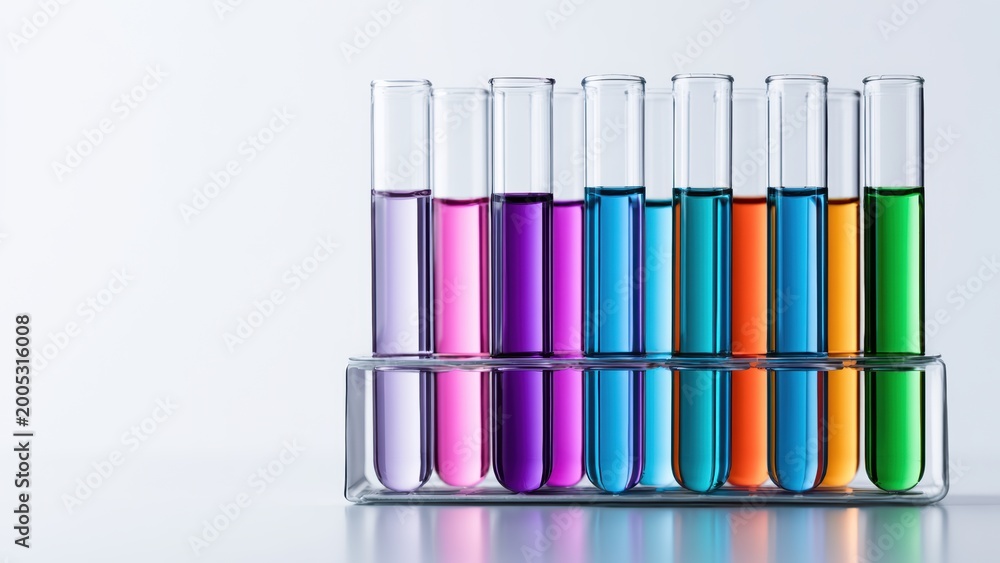 Fototapeta premium Spectrum of vibrant colored liquids in laboratory test tubes, symbolizing scientific discovery and innovation.