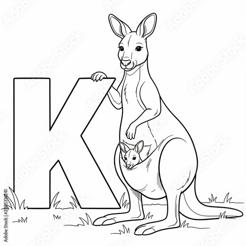 Jumping Kangaroo and Letter K Alphabet Coloring Page