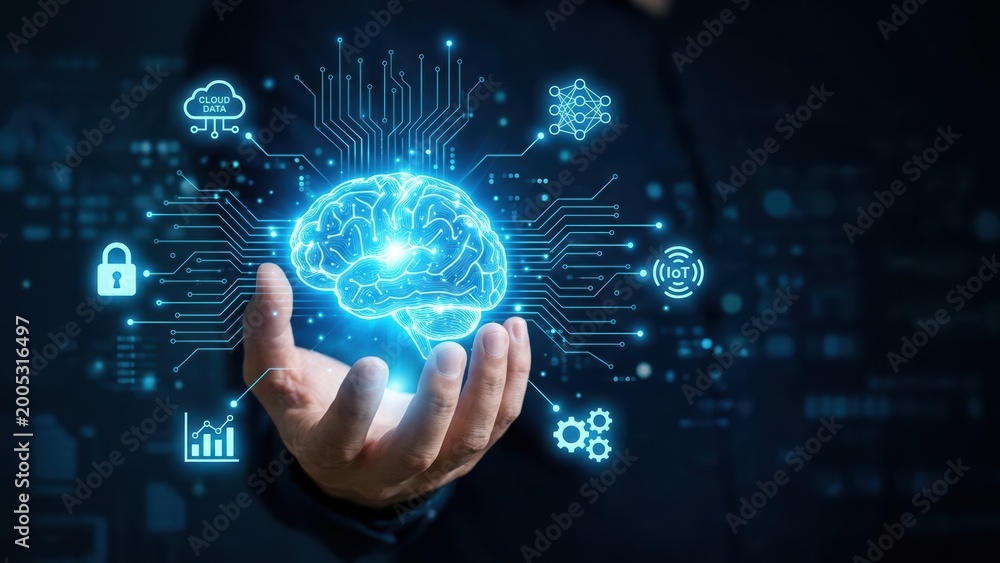 Fototapeta premium Unlocking future potential human hand holds glowing digital brain connected to AI, cloud data, and IoT networks.