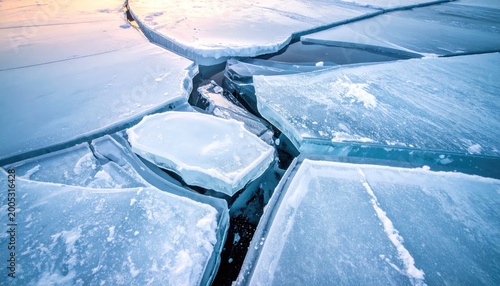 Close up of cracked ice surface with blue and white hues natural texture