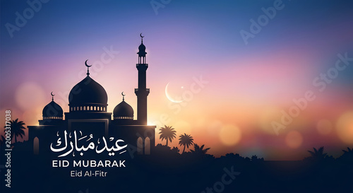 Silhouette of mosque and palm trees with eid mubarak greeting