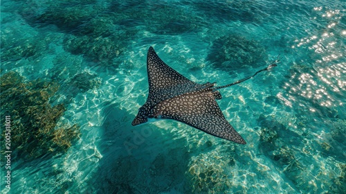 Spotted eagle ray swimming in clear turquoise ocean water