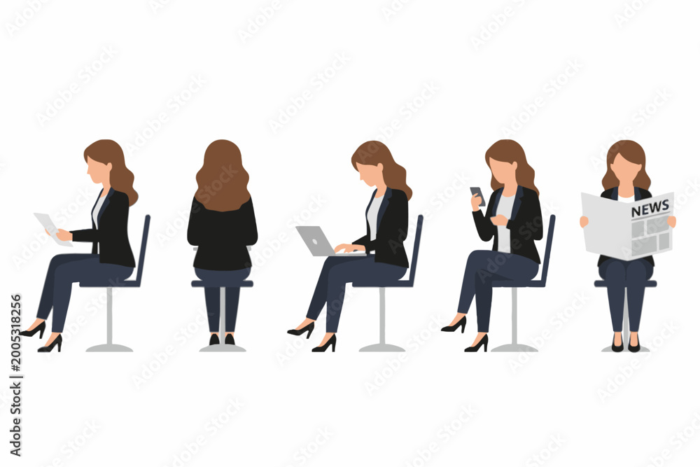 Obraz premium Businesswoman Sitting Set Working on Laptop and Reading News