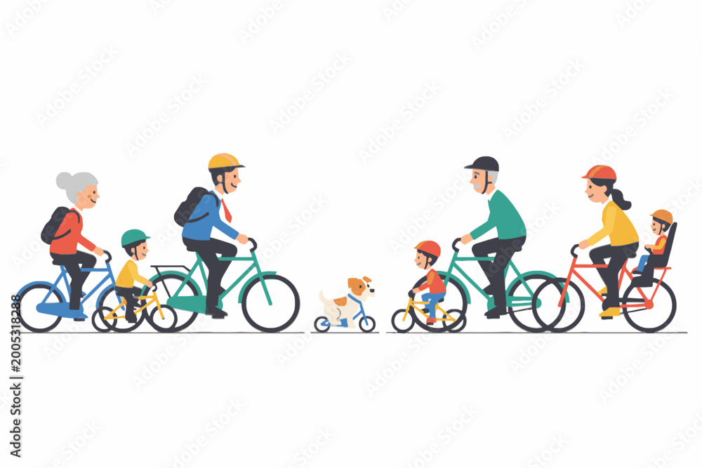 Fototapeta premium Family Riding Bicycle on White Background Flat Vector Illustration