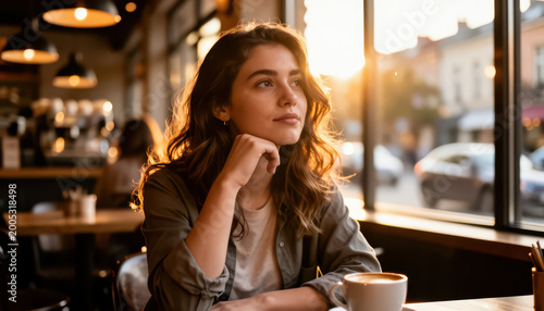 A girl sits in a café, deep in thought, looking out the window. The girl enjoys her coffee as sunlight fills the café, creating a warm atmosphere.