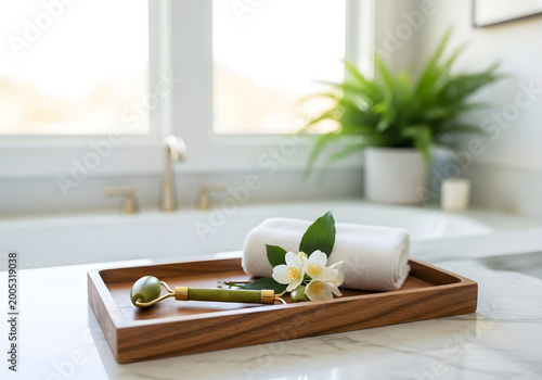 Serene Spa Essentials: A Green Jade Roller, Fresh Flowers, and Soft Towels on a Wooden Tray