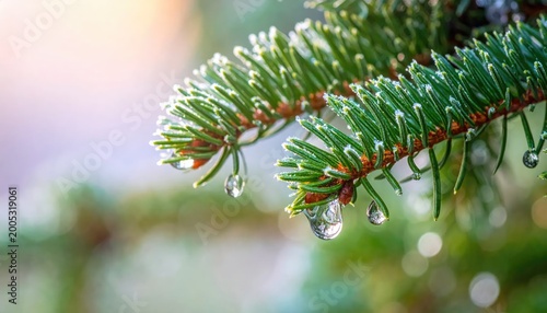 Close up of evergreen branch with water droplets capturing sunlight
