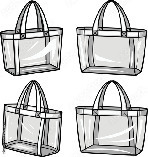 Set of blank clear tote bags vector on white background.