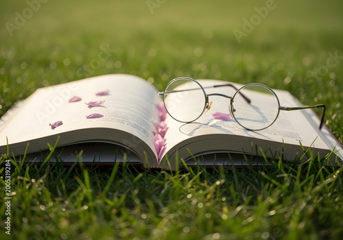 Open Book on Green Grass with Glasses and Flower Petals