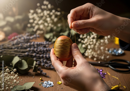 Creative Egg Decorating with Gold Thread and Flowers for Easter Celebrations