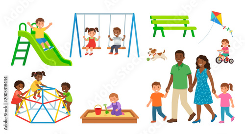 playground equipment and family vector illustration on white background