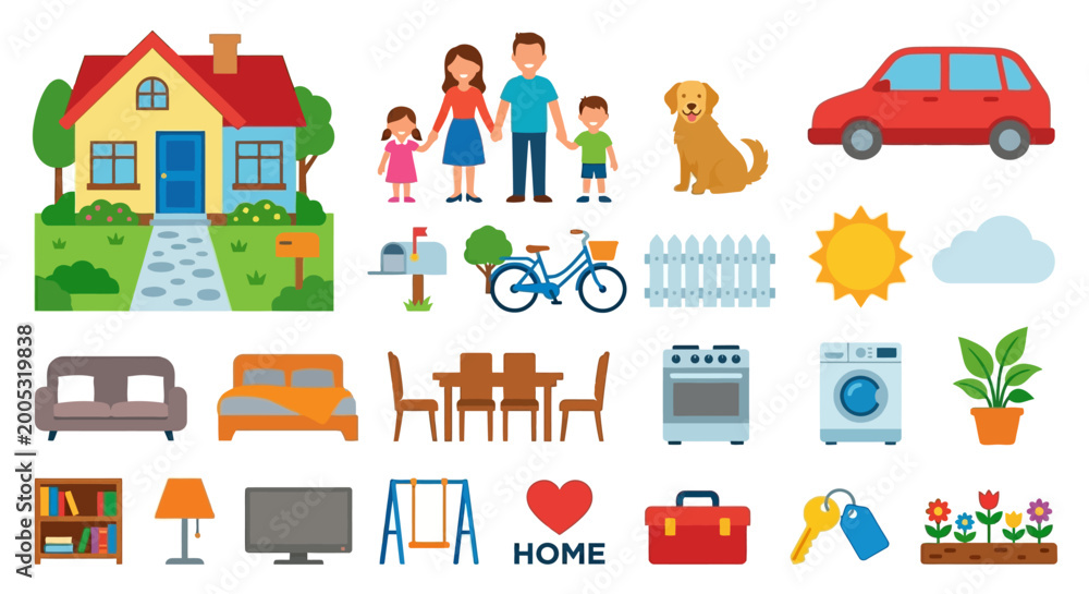 Fototapeta premium home and family flat icons set on white background