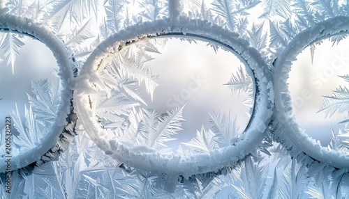 Close up of frosted circular windows with intricate ice crystal patterns