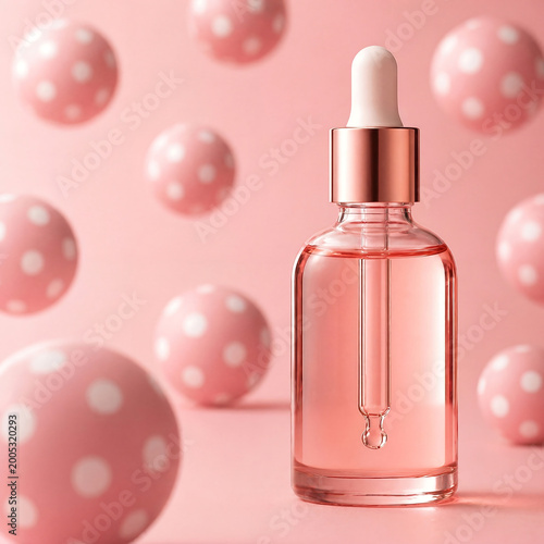 Polka Dot Beauty Serum Bottle Close Up Trendy Cosmetic Product with Soft Pink Polkadot Background Luxury Skincare Advertising Concept