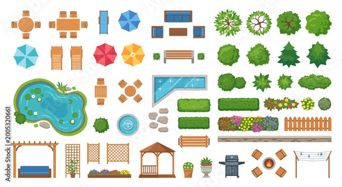 Foto garden and outdoor furniture set top view vector illustration on white backgroun