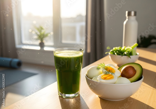 Healthy Breakfast Spread with Green Smoothie, Eggs, Avocado, and Fresh Greens in a Sunlit Kitchen