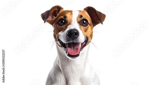 A happy dog with brown and white fur looks directly at the viewer