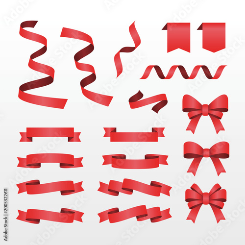 Red Ribbon Banner Set with Bows Decorative Curved Ribbons Vector Collection