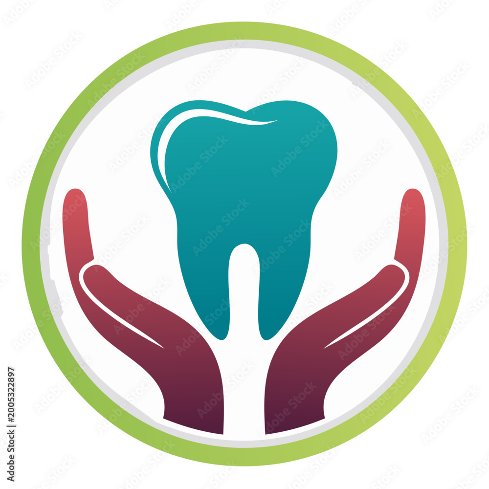 Obraz premium Dental Care Logo with Tooth and Caring Hands