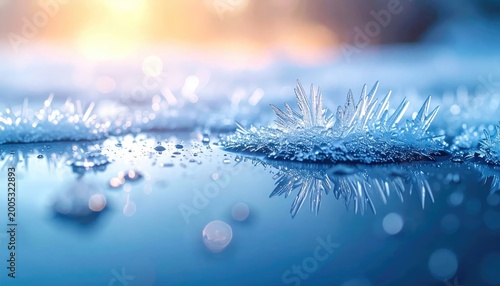 Close up of ice crystals on a blue reflective surface with soft sunlight