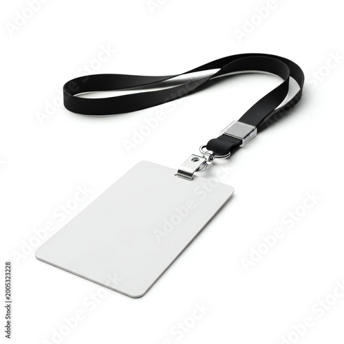 Empty lanyard card holder with black strap and silver clip isolated on white background