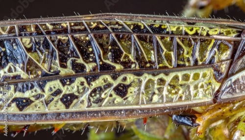 Close up of insect wing with intricate patterns and textures