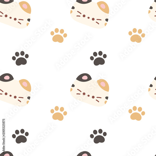 Photos Cute Kawaii cartoon calico cat and paw print vector seamless pattern illustratio